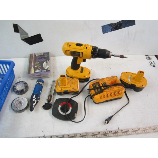 DEWALT DRILL, 3 BATTERIES, CHARGER, ETC.