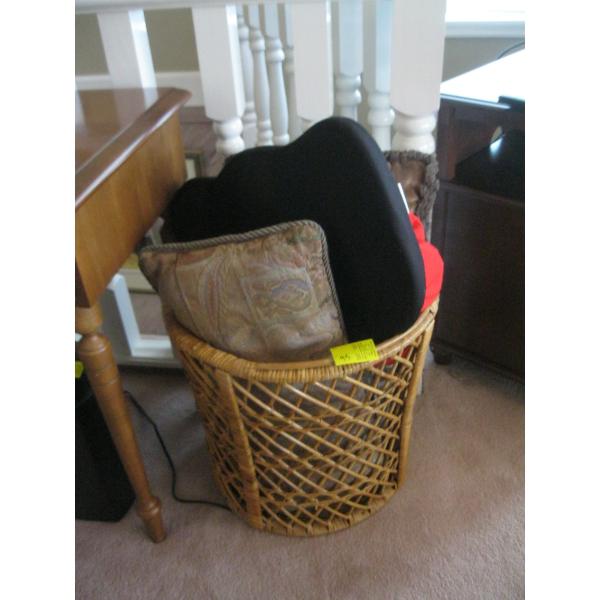 WICKER BIN W/MISC. PILLOWS, ETC.