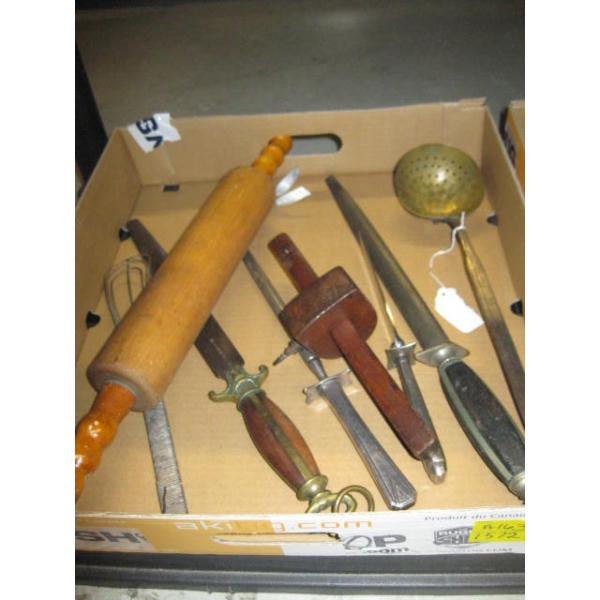 BOX OF MISC: KNIFE SHARPENERS, SCRIBE, ROLLING PIN, ETC.