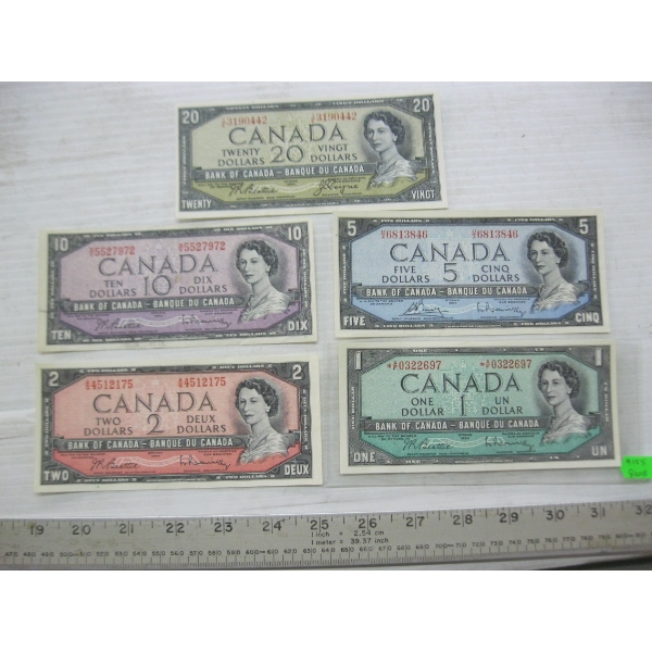 1954 - $1, $2, $5, $10 & $20 BILLS