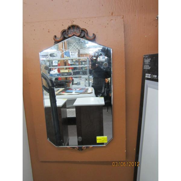 ANTIQUE ETCHED MIRROR W/ WOOD TRIM 2' X 16"