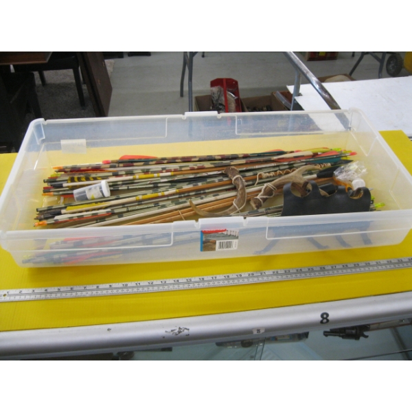 BIN W/ASST. ALUMINUM & WOOD ARROWS, ETC.