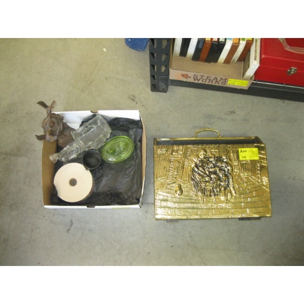 ASST. GLASSWARE, WOODEN FIGURINE, BRASS MAGAZINE BOX