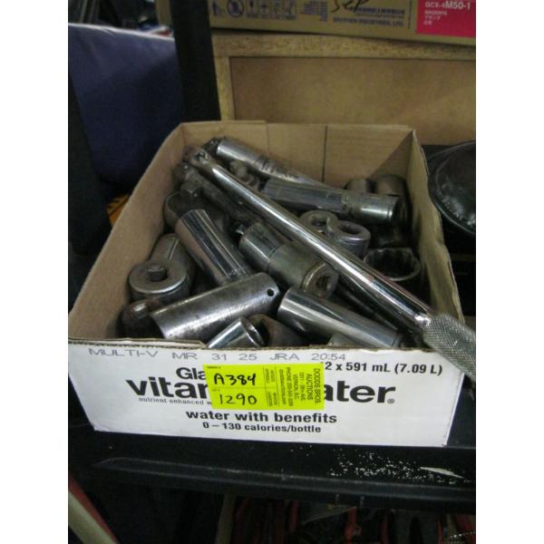 BOX OF 1/2" SOCKETS, RATCHET, ETC.