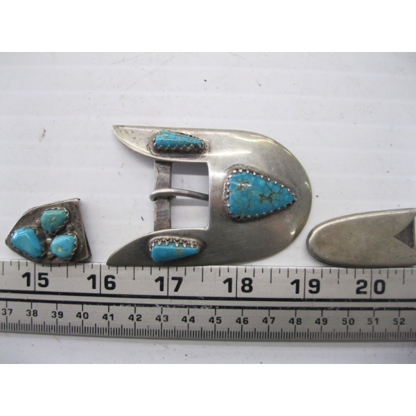 TURQUOISE & SILVER BELT BUCKLE W/BELT ENDS