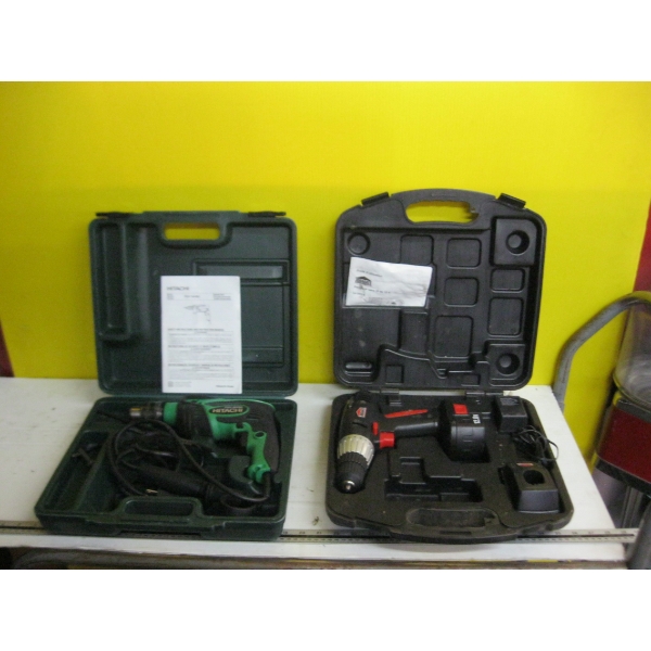 JOBMATE 12V CORDLESS DRILL & HITACHI ELECTRIC DRILL IN CASE