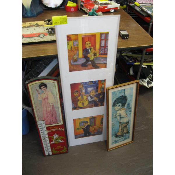ASST. PICTURES, BUDWEISER THERMOMETER, ETC.