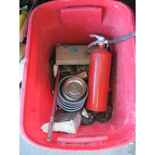 BIN OF MISC. MAGNETIC DISHES, FIRE EXTINGUISHER, ETC.