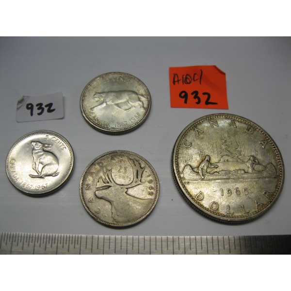 1965 CDN SILVER $1 W/'67 QUARTER, '63 QUARTER, '67 NICKEL