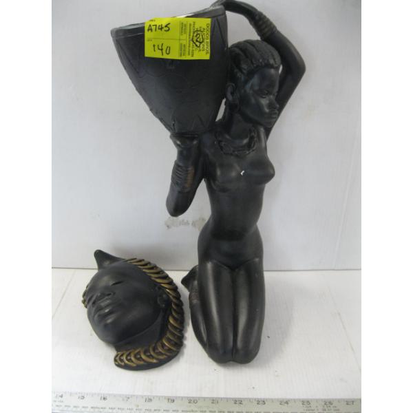AFRICAN FIGURINE & AFRICAN HEAD