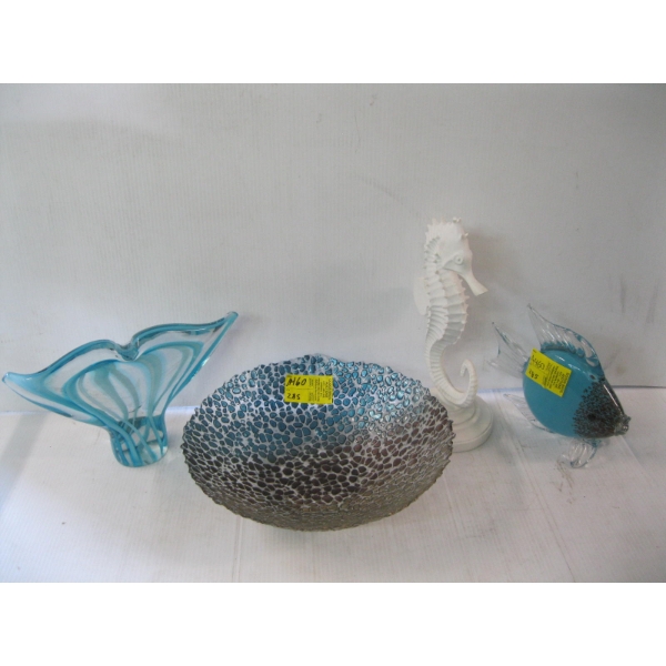 2 GLASS  FIGURINES & WHITE SEAHORSE AND GLASS BOWL