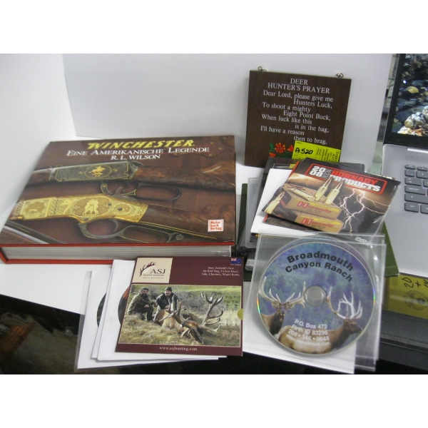 WINCHESTER HISTORY BOOK IN GERMAN, MISC. DVDs & DEER HUNTER'S PRAYER PLAQUE