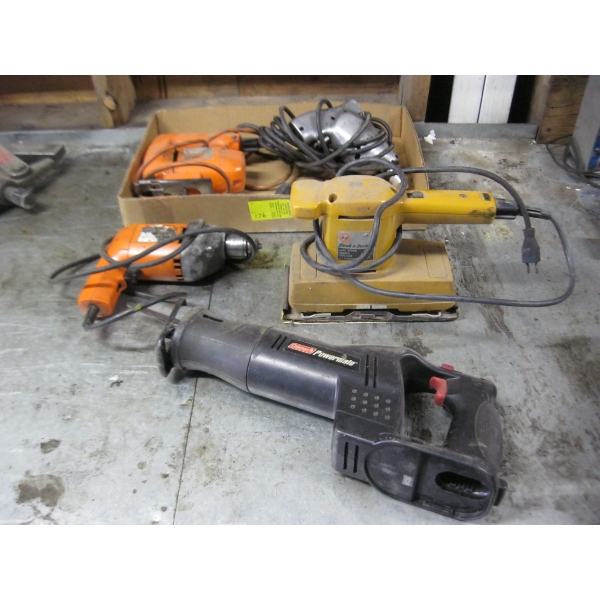 BOX OF MISC. - ELECTRIC HAND TOOLS, DRILL, SANDER, JIGSAW, ETC.