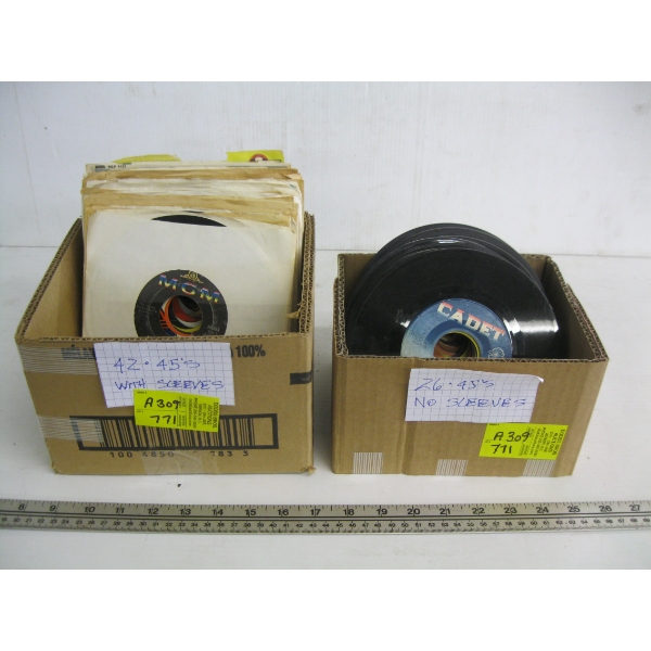 APPROX. 42 - 45RPMs W/SLEEVES & BOX OF 26 - 45RPMs NO SLEEVES