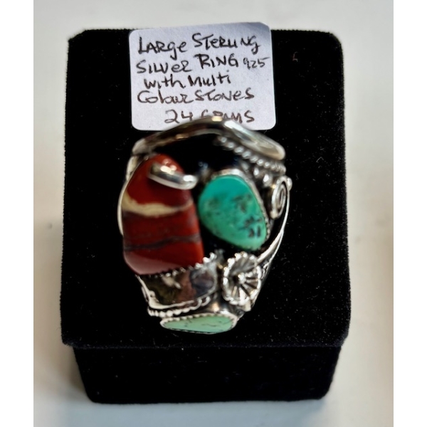 LG. STERLING SILVER .925 RING W/COLORED STONES, 24G, SZ 11