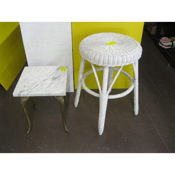 WICKER STOOL/STAND & A MARBLE TOP STAND