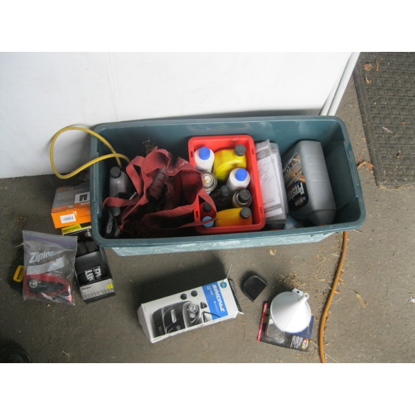 BIN OF MISC. CLEANERS, OILS, BIKE LOCK, ETC.