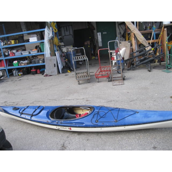 FORMULA ESCAPE FIBREGLASS KAYAK W/PADDLE, SPRAY SKIRT, ETC.
