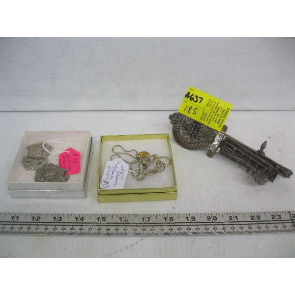 VIOLIN CASE NECKLACE & 2 VINTAGE FIREMAN BADGES