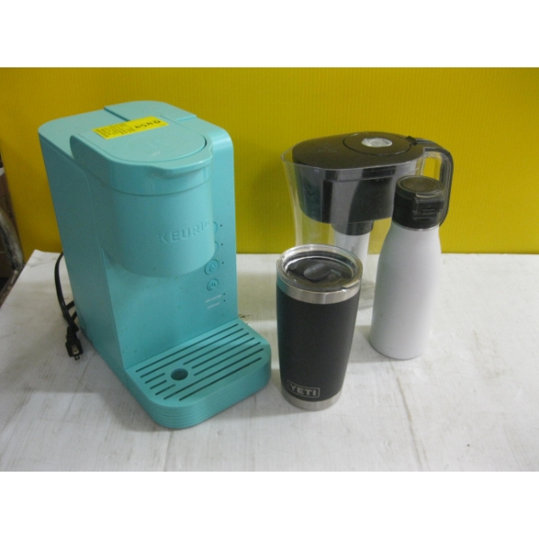 KEURIG COFFEEMAKER, YETI CUP, WATER FILTER JUG