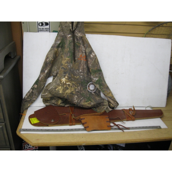 LEATHER GUN SCABBARD & A NEW W/TAGS CAMMO REALTREE SZ L HOODIE