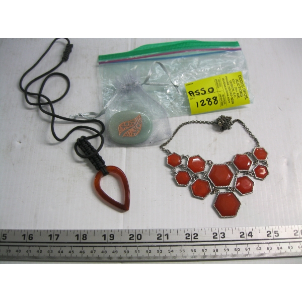 NECKLACE W/RED CORAL STONE, NECKLACE W/AMBER STONE & GREEN ADVENTURING SPIRIT STONE