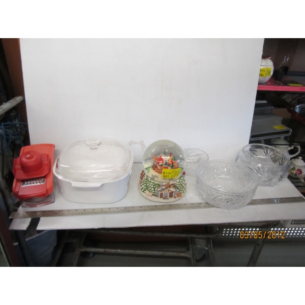CRYSTAL GLASSWARE & CHRISTMAS GLOBE FIGURINE MUSIC BOX, ETC