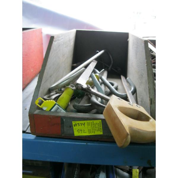 BIN W/ASST. MEAT SAW, MEAT HOOKS, ETC.