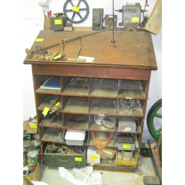 WOODEN CUBBYHOLE CABINET W/SLOPED HINGED TOP