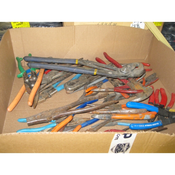 LG. BOX OF ASST. PLIERS, ETC.