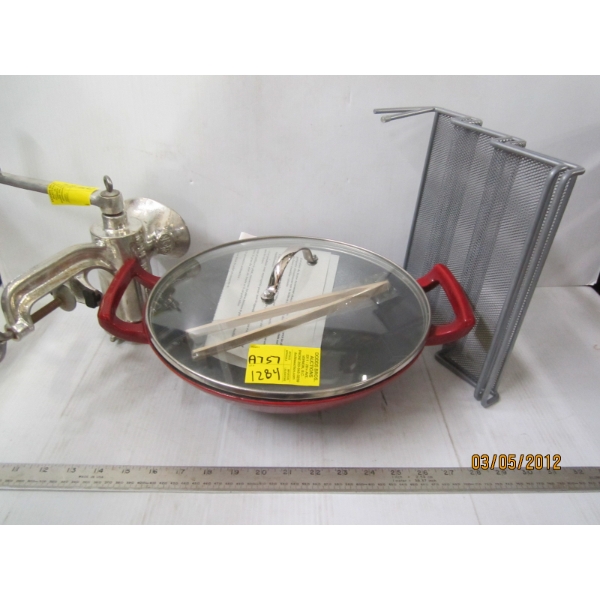 MEAT GRINDER, CAST WOK & TIERED SPICE RACKS