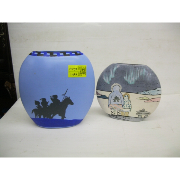 2 PAINTED DECORATIVE POTTERY VASES