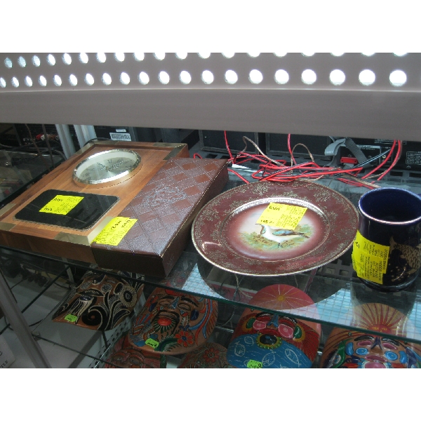 QUARTZ WOOD CLOCK, VINTAGE GLOVE BOX, BAVARIAN PLATE & A BLUE PISCES MUG