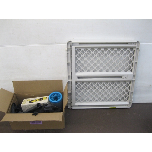 BABY GATE & BOX OF MISC. CLIPPER SET, BRUSH, ETC.