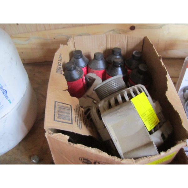BOX W/2 ALTERNATORS & 7 CONTAINERS OF 2 CYCLE OIL