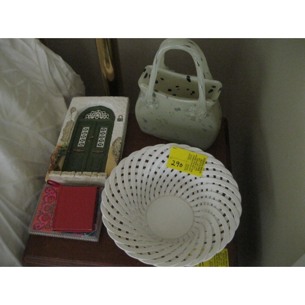MISC. DECORATIVE PURSE VASE, PORCELAIN BASKET, ETC.