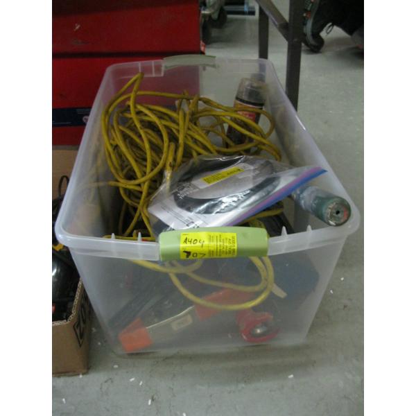 TUB OF MISC. EXTENSION HANDLE, EXTENSION CORD, CLAMPS, ETC.