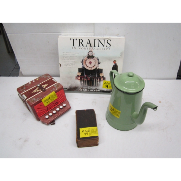 ENAMEL TEAPOT, SM. ACCORDIAN BOOK & TRAIN CDs