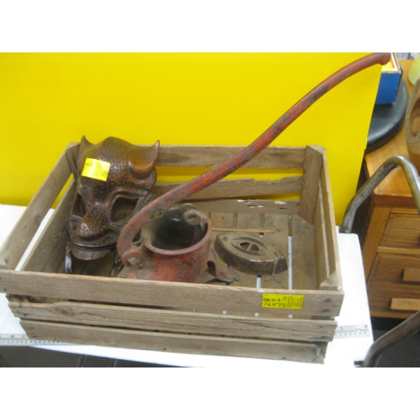 WOODEN CRATE W/ASST. SAUSAGE STUFFER, CARVED MASK & SAD IRON