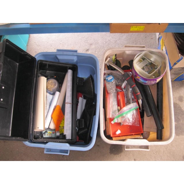 2 BINS OF MISC. TOOLS, TOOLBOX, PAINTING SUPPLIES, ETC.