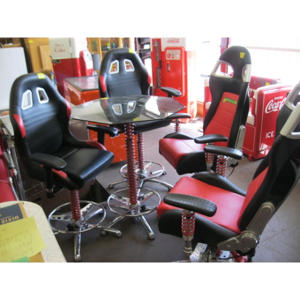 UNIQUE CHAIR & TABLE SET - AUTOMOTIVE DESIGN - RED/BLACK/CHROME