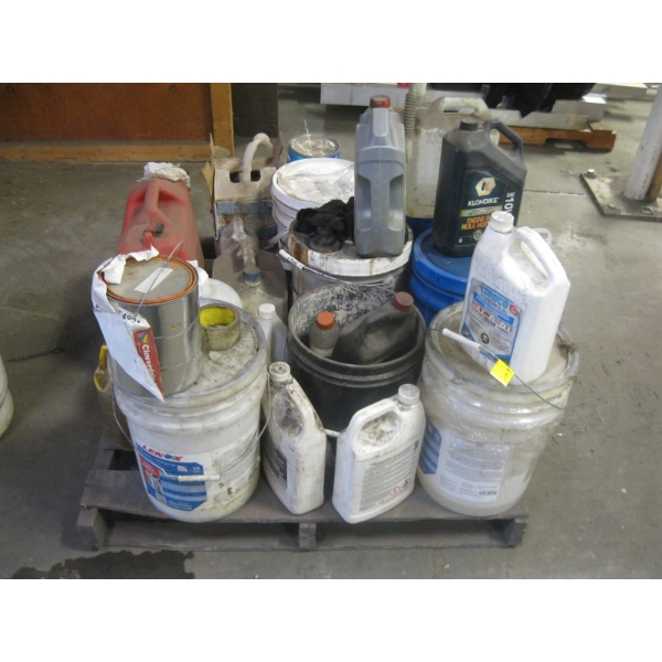 PALLET OF ASST. OILS, CLEANERS, PAINTS, ETC.