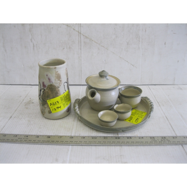 SM. POTTERY TEA SET & A SM. VASE