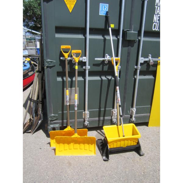 2 SNOW SHOVELS, BROOM, PUSH SALT DISPENSER
