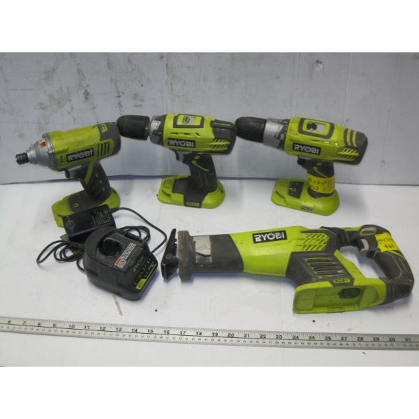 RYOBI CORDLESS TOOLS W/CHARGER, NO BATTERY