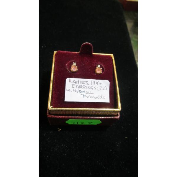 PAIR OF LADIES 14KT EARRINGS W/SMALL DIAMONDS & PINK STONES