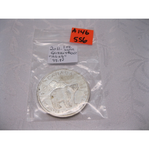 "AS IS" 2011 1 OZ SILVER .999 GRIZZLY BEAR $5 COIN (TAX EXEMPT)