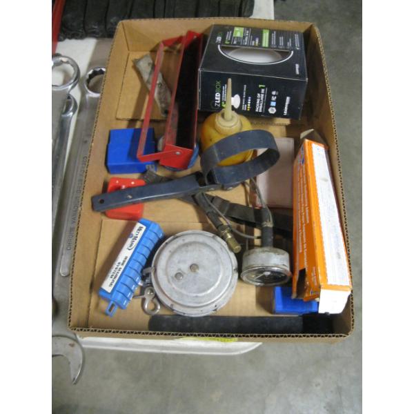 BOX OF MISC. - LOGGERS TAPE, LED LIGHT, ETC.