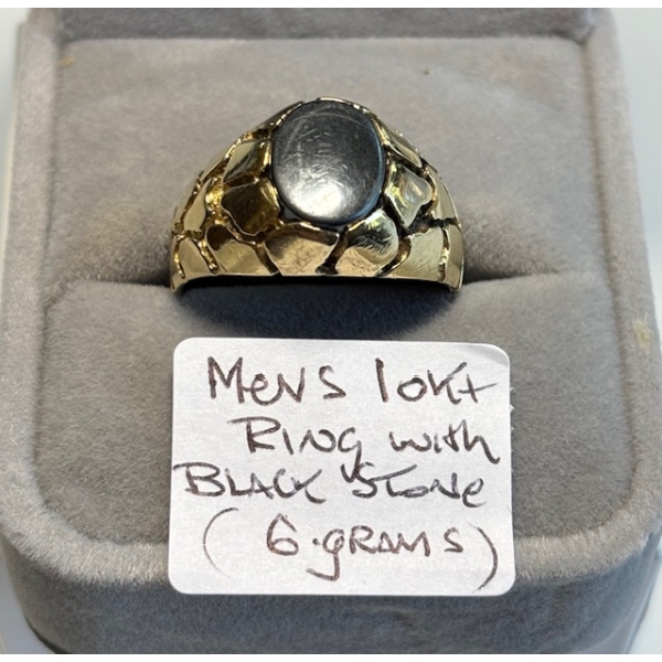 MEN'S 10KT RING W/BLACK STONE, 6G, SZ 11