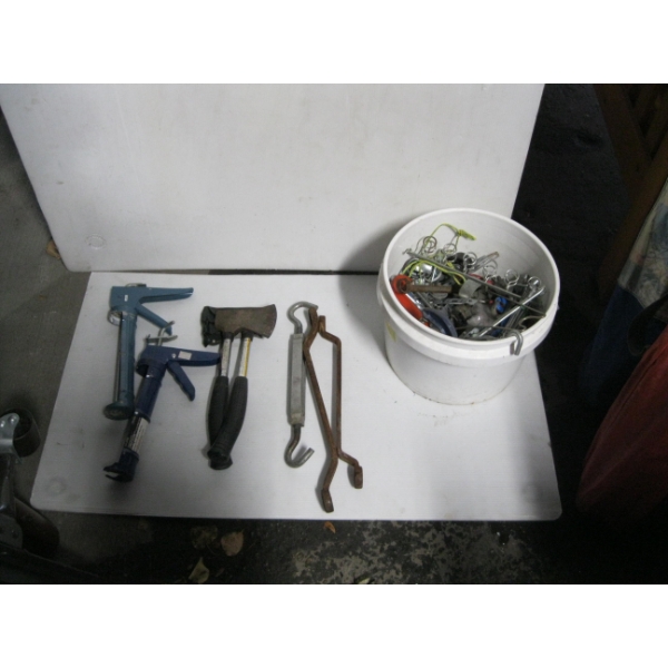 BUCKET OF MISC. CAULKING GUN, HATCHETS, SWIVELS, ETC.